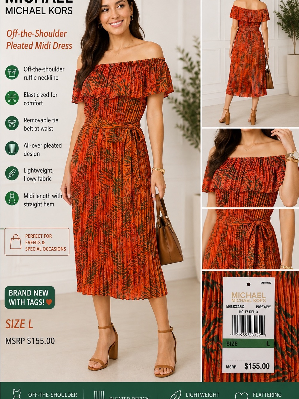 Michael Kors Orange Off-the-Shoulder Pleated Midi Dress